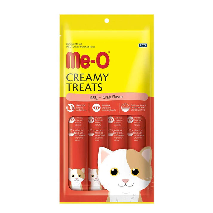 Pack of me-o creamy treats with cat illustration on yellow and red background