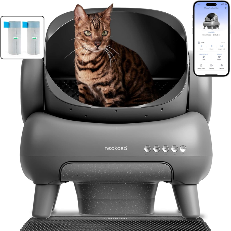 Cat litter box with a cat inside, smartphone app interface, and cat litter packaging on a white background.