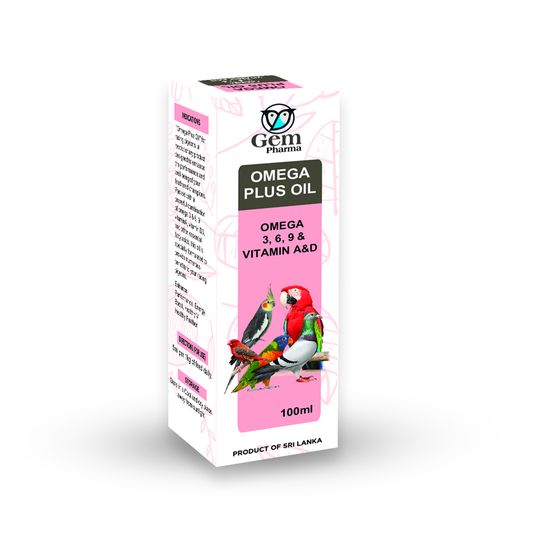 Box of Gem Pharma Omega Plus Oil with bird illustrations on a white background