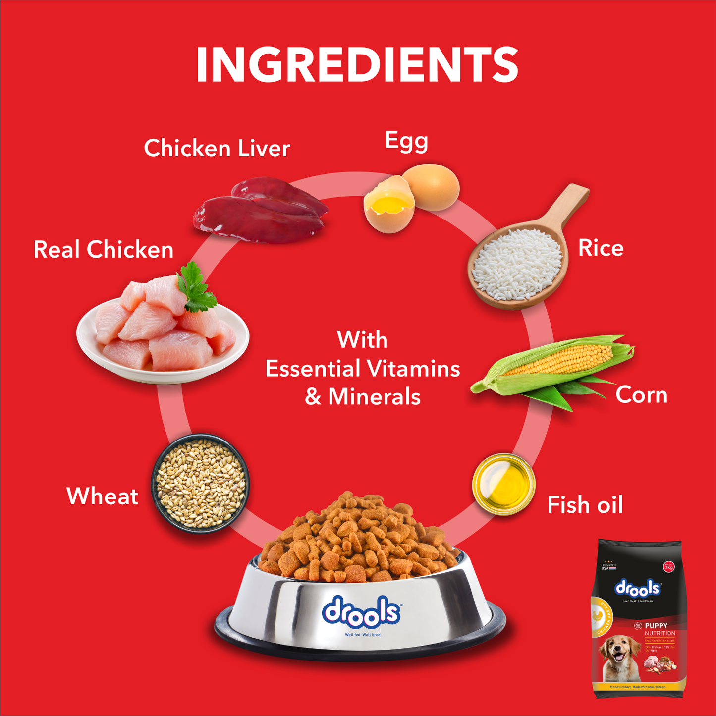 Drools Chicken and Egg Puppy Dog Food – 3kg + Free 1.2kg
