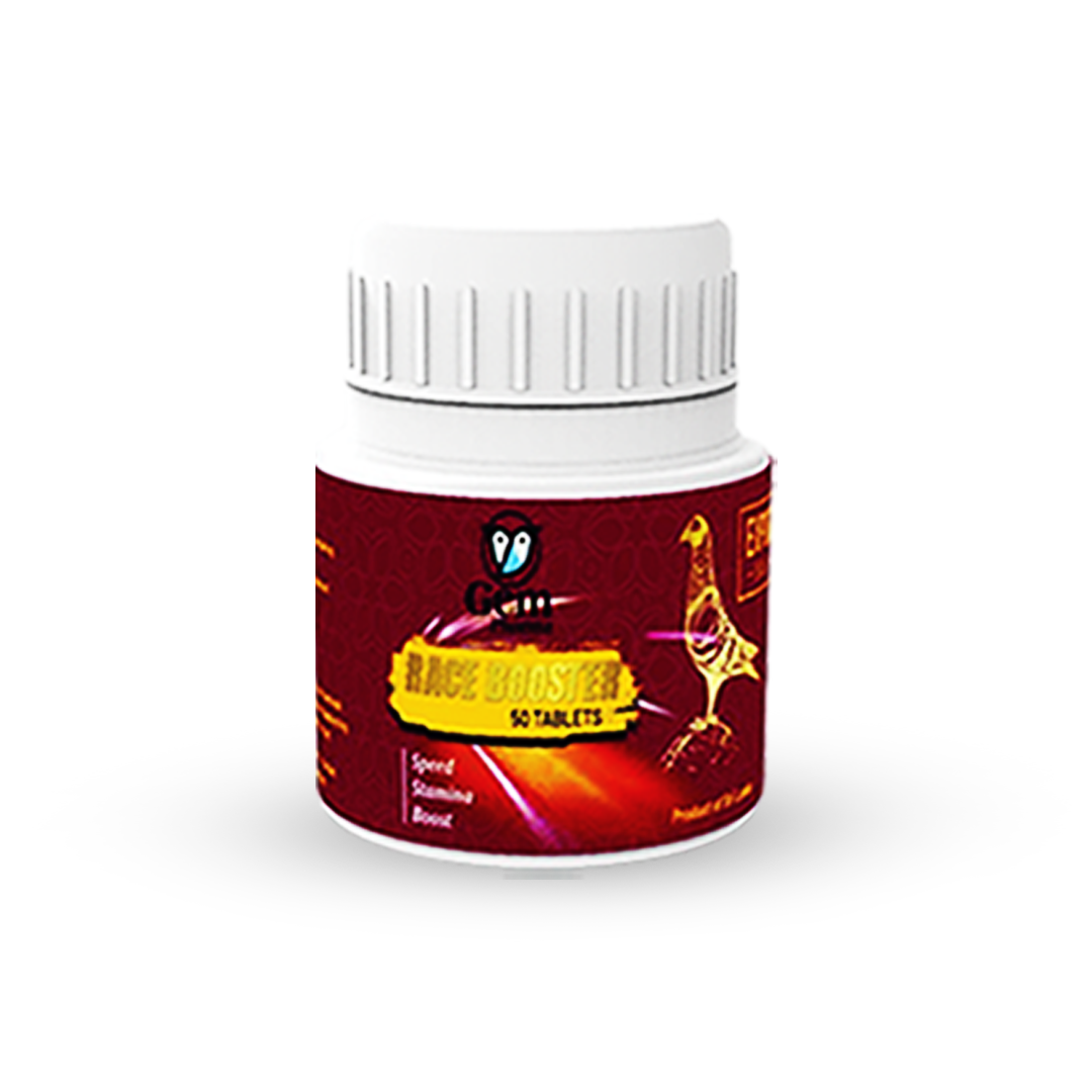 Bottle of Race Booster with a red label on a white background