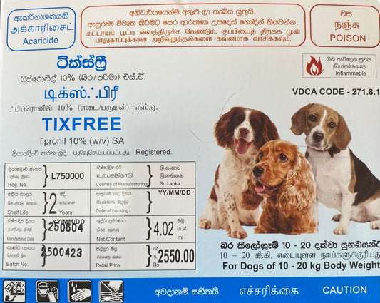Dog medication label with images of dogs and text on a blue background