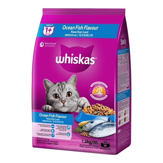 Whiskas Ocean Fish Flavour cat food package on a white background