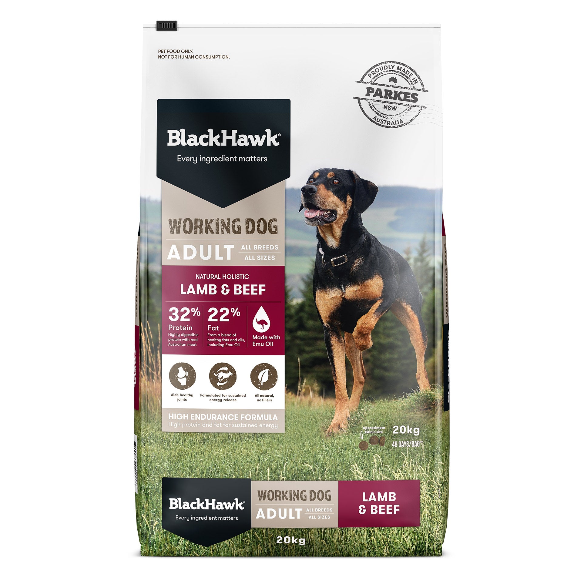 BlackHawk Working Dog Food Adult Lamb and Beef - 20Kg pack front