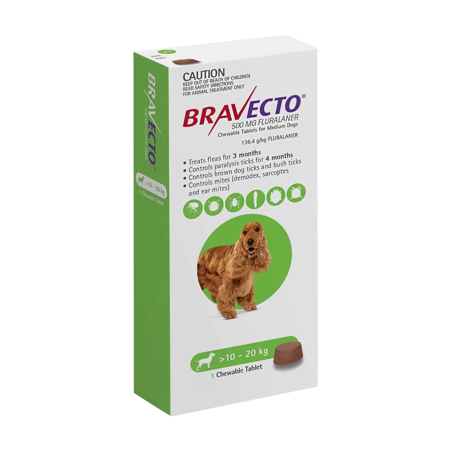 Bravecto Chew for Dogs 10–20 kg (500 mg) – 1 Tablet pack front