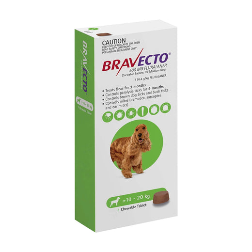 Bravecto Chew for Dogs 10–20 kg (500 mg) – 1 Tablet pack front
