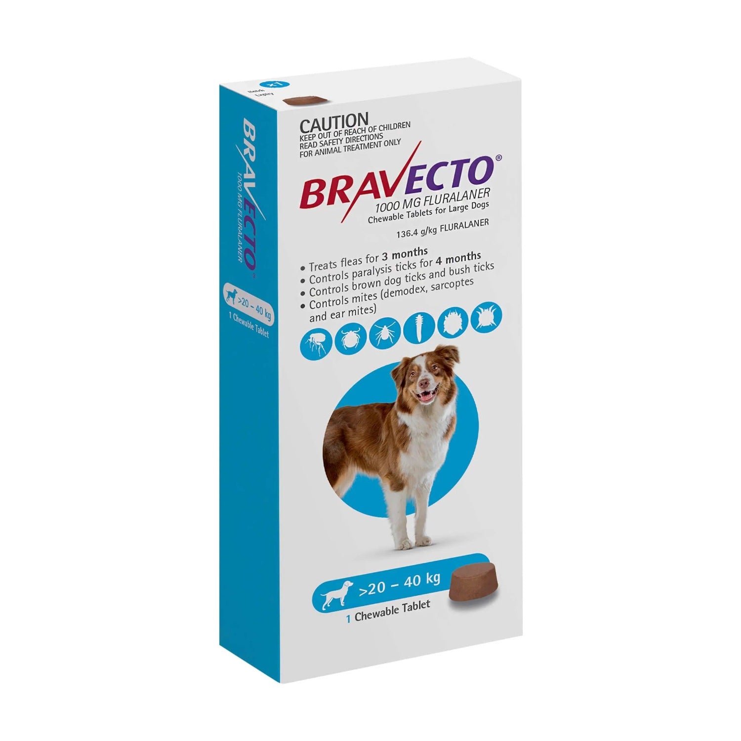 Bravecto Chew for Dogs 20–40 kg (1000 mg) – 1 Tablet pack front