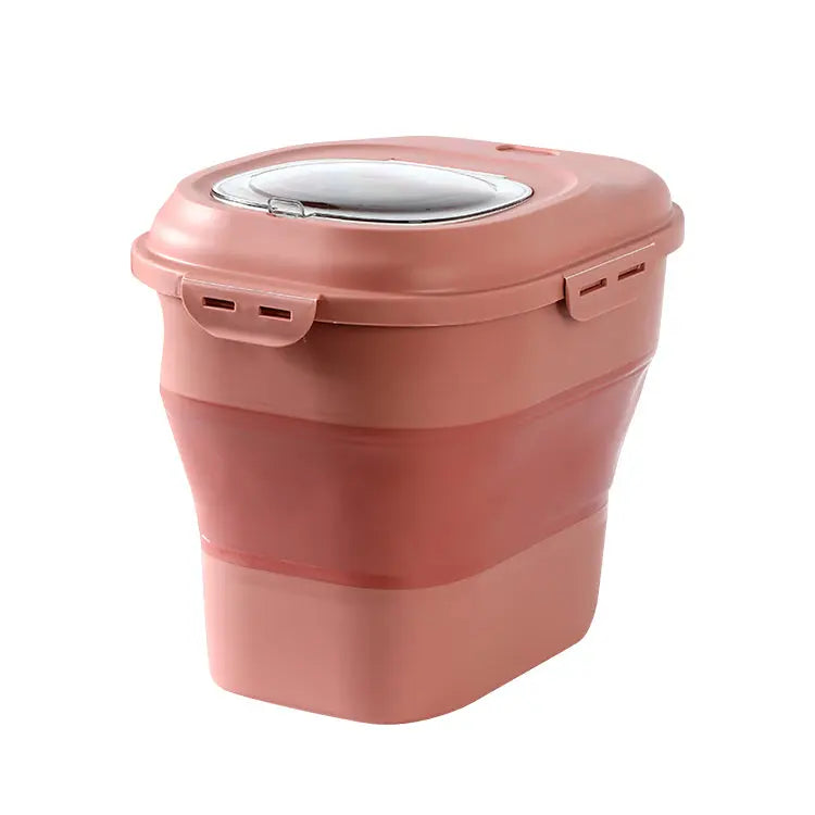 Expanded pink collapsible airtight pet food storage bin