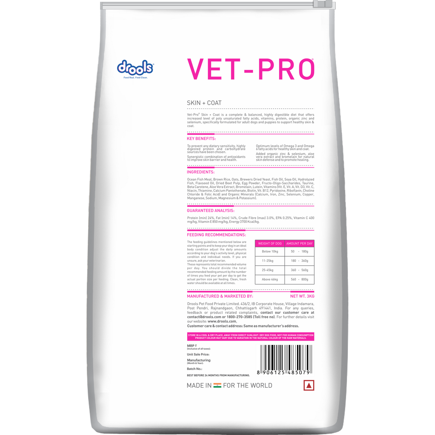 VET-PRO Skin & Coat Dry Dog Food 3kg – back of pack