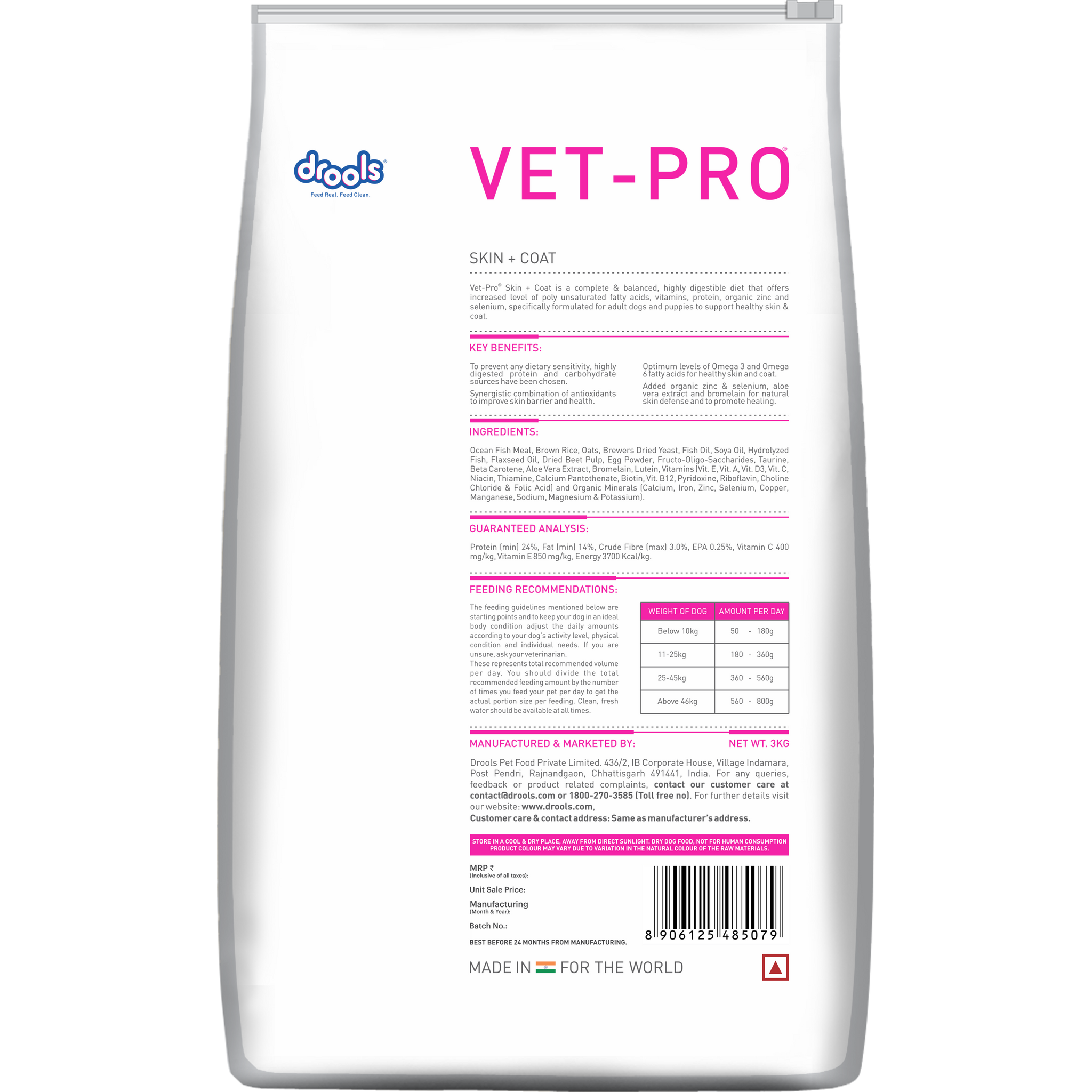 VET-PRO Skin & Coat Dry Dog Food 3kg – back of pack