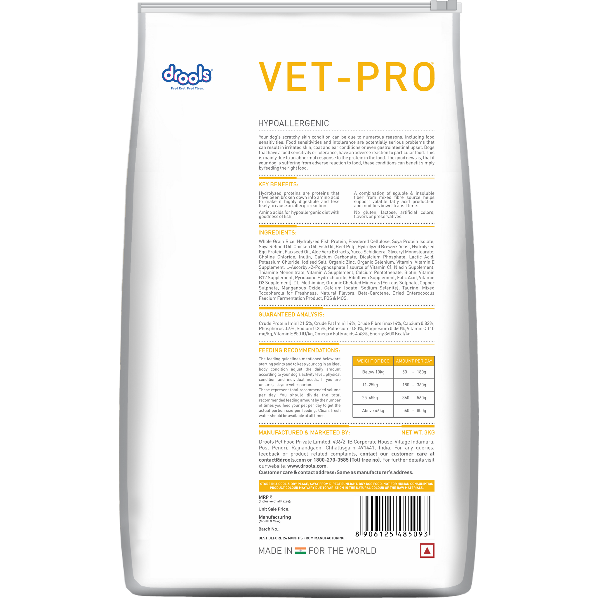 VET-PRO Hypoallergenic Dry Dog Food 3kg – back of pack