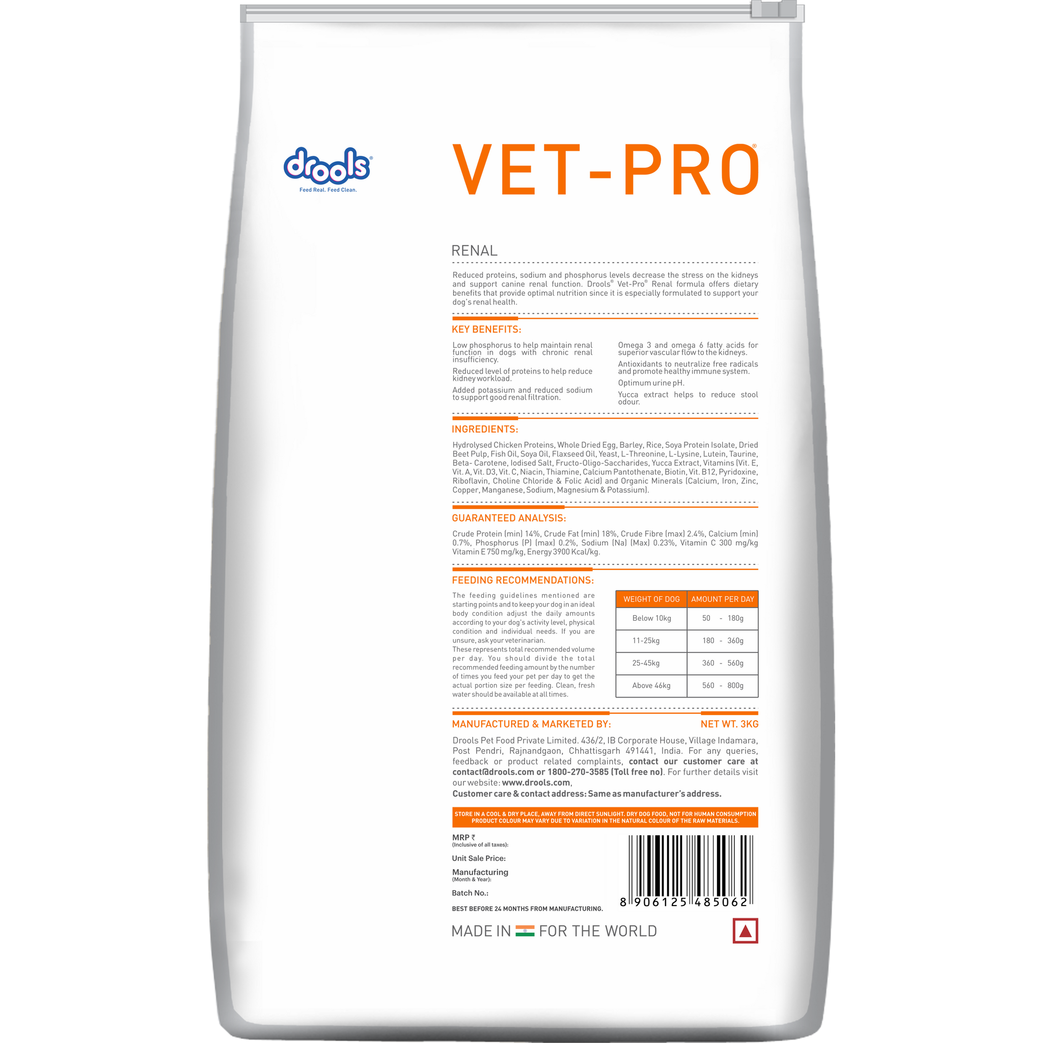 VET-PRO Renal Dry Dog Food 3kg – back of pack