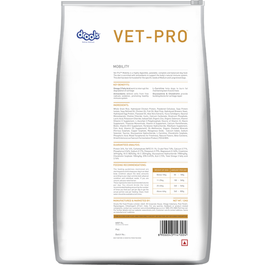 VET-PRO Mobility Dry Dog Food 12kg – back of pack