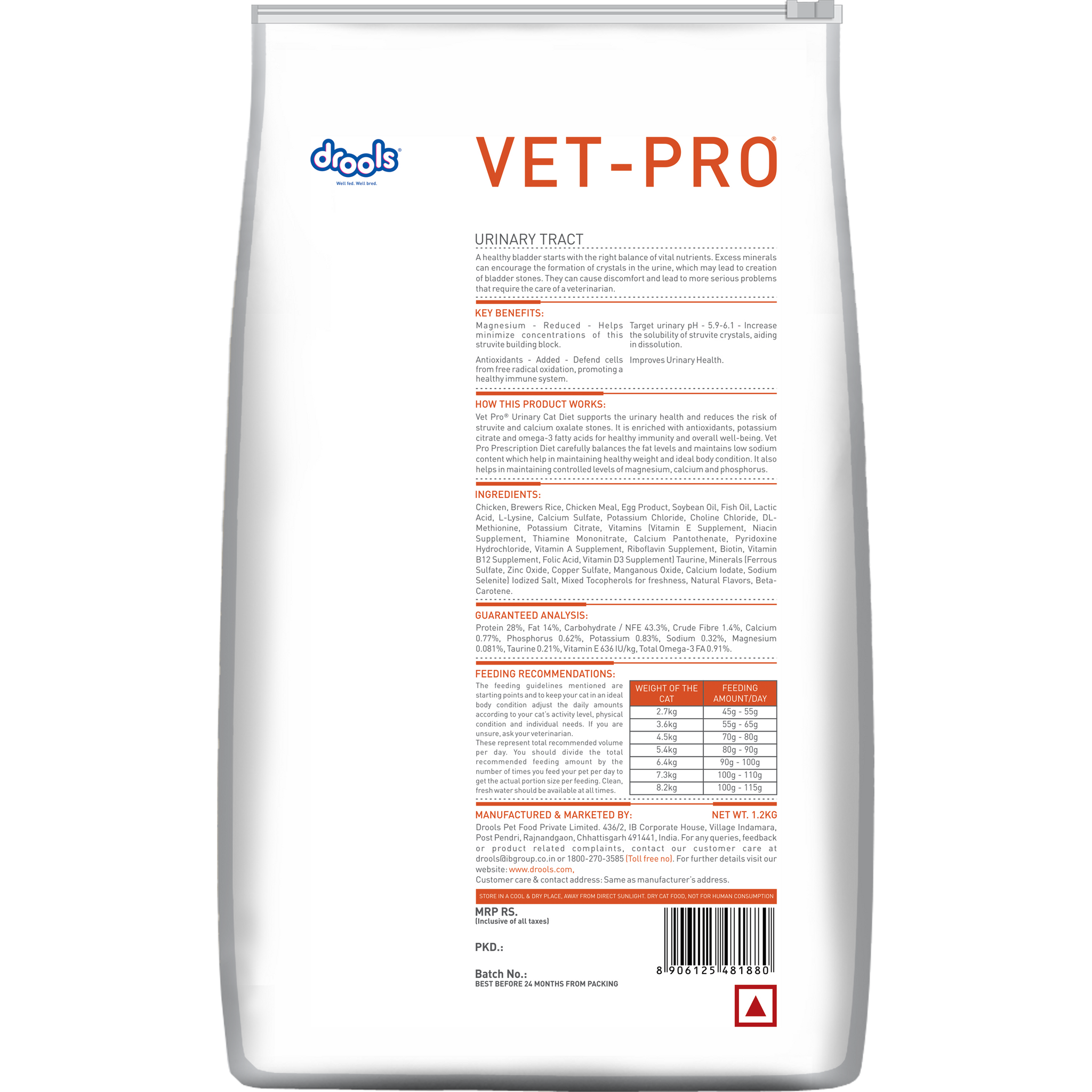 VET-PRO Urinary Tract Dry Cat Food 1.2kg – back of pack