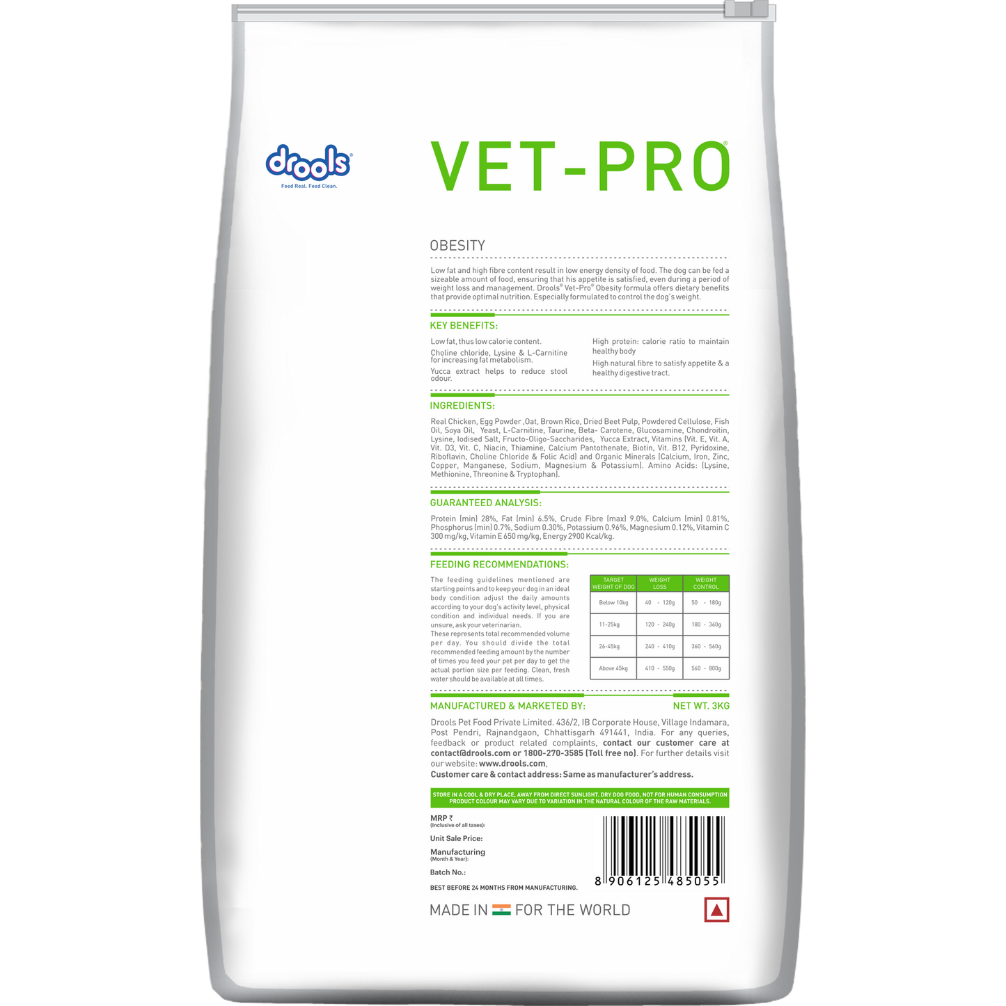 VET-PRO Obesity Dry Dog Food 3kg – back of pack