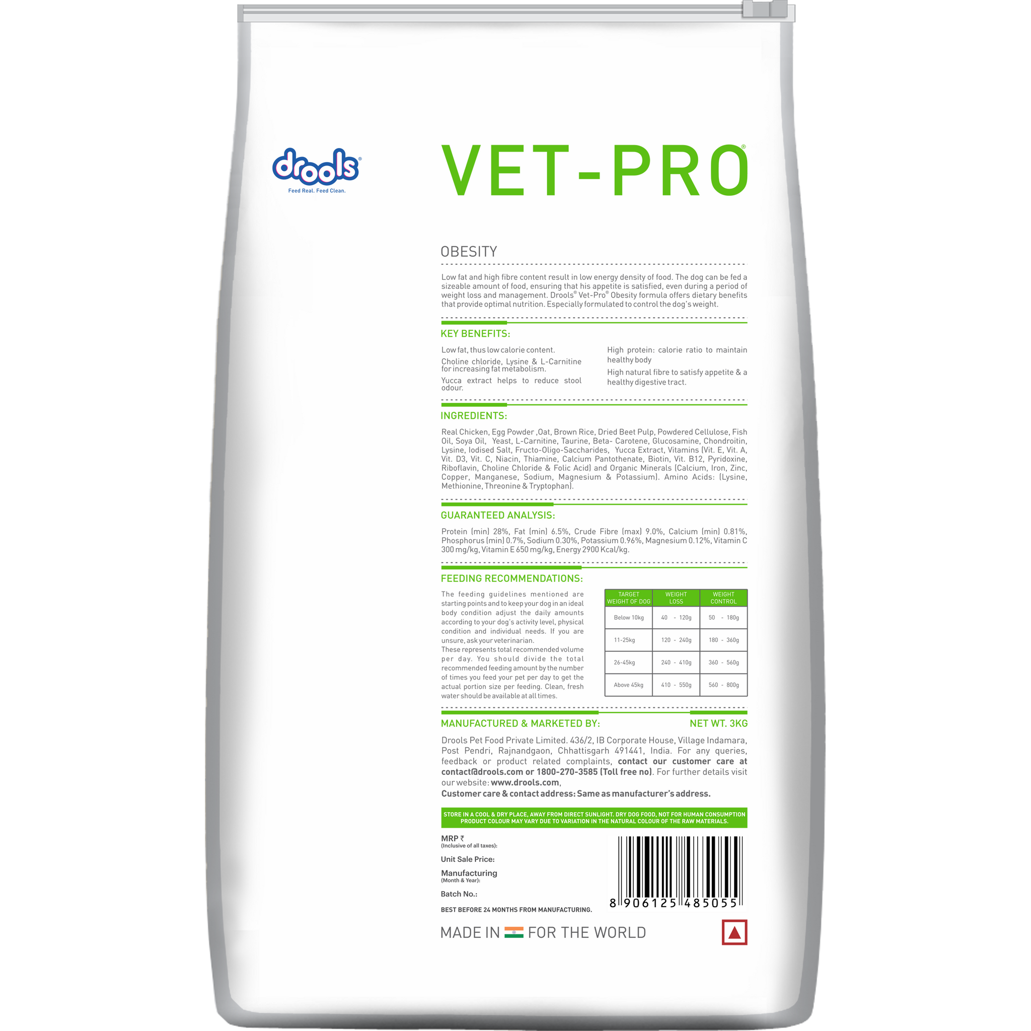 VET-PRO Obesity Dry Dog Food 3kg – back of pack