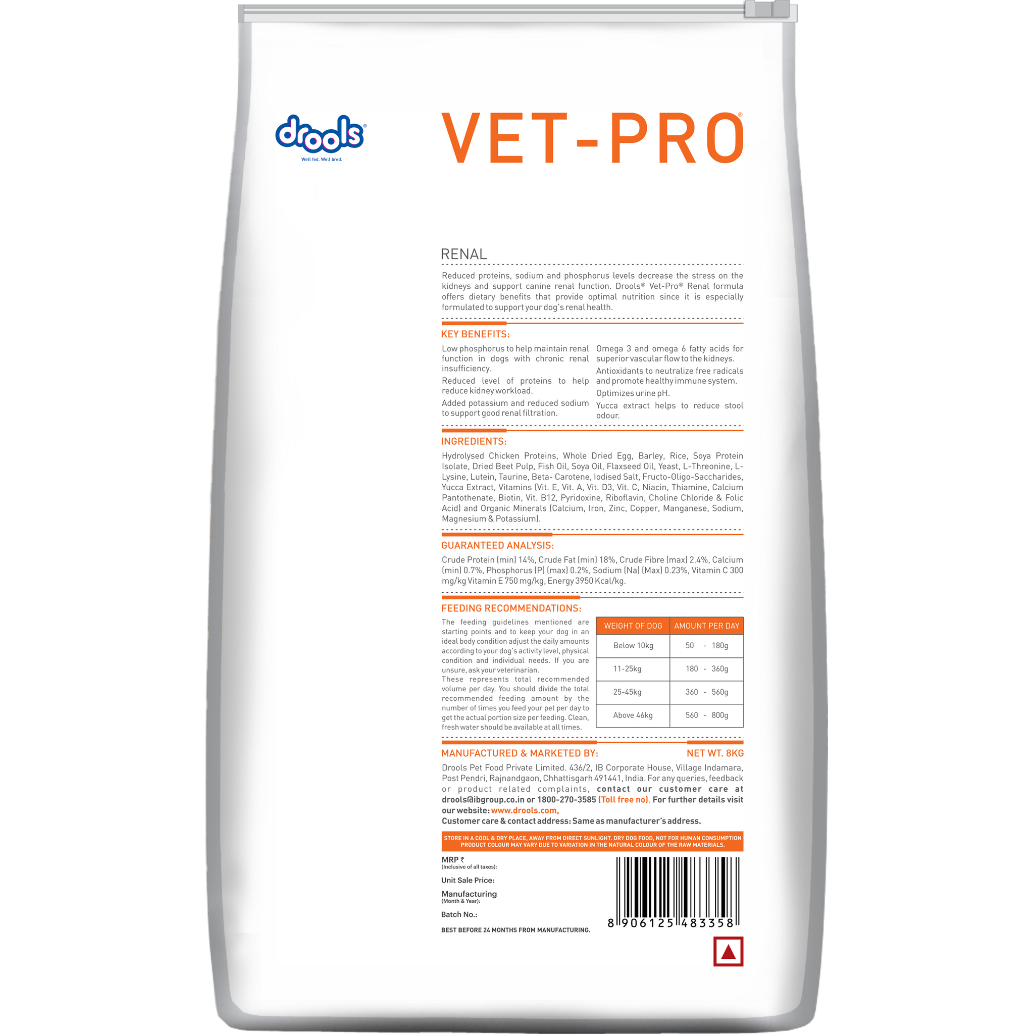 VET-PRO Renal Dry Dog Food 8kg – back of pack