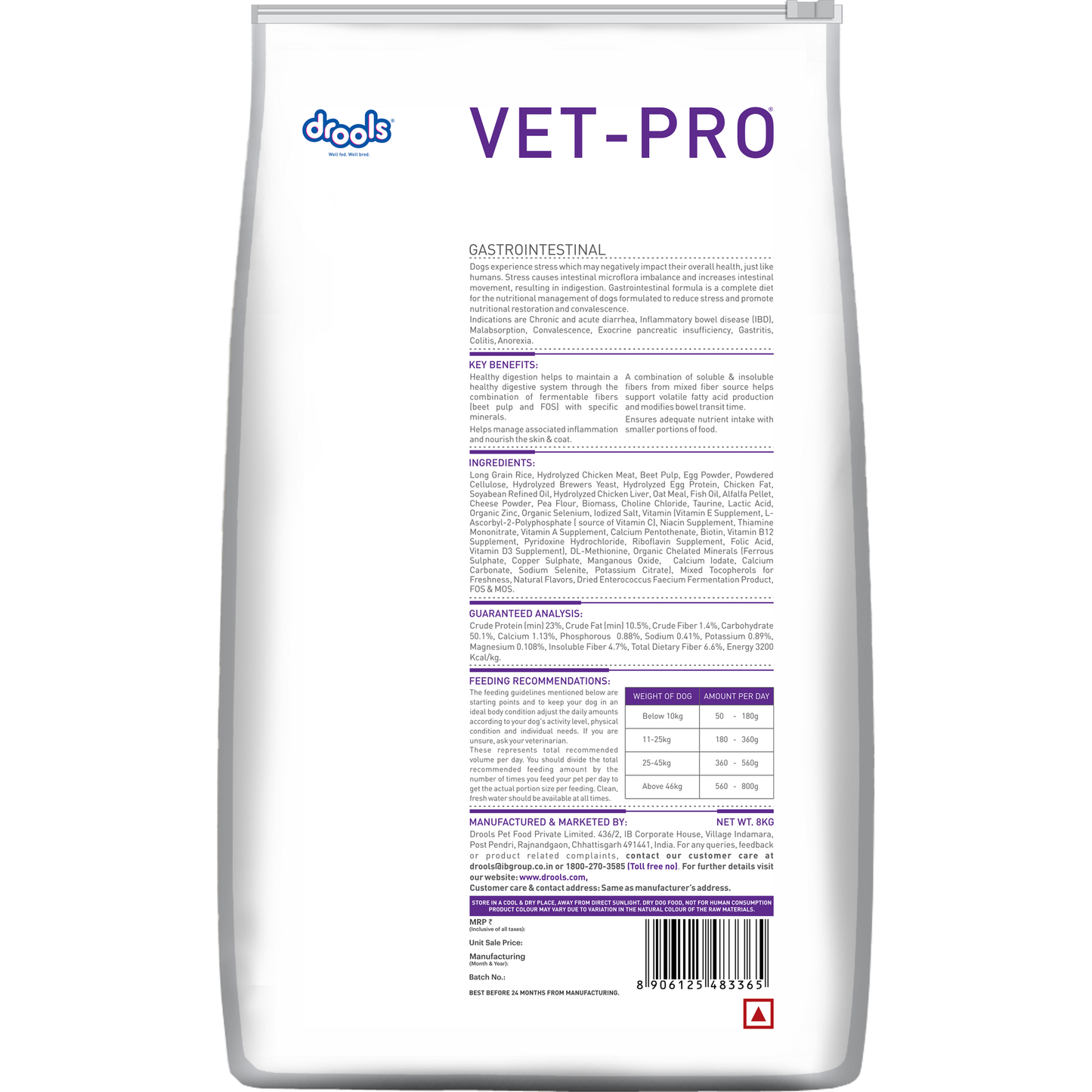 VET-PRO Gastrointestinal Dry Dog Food 8kg – back of pack