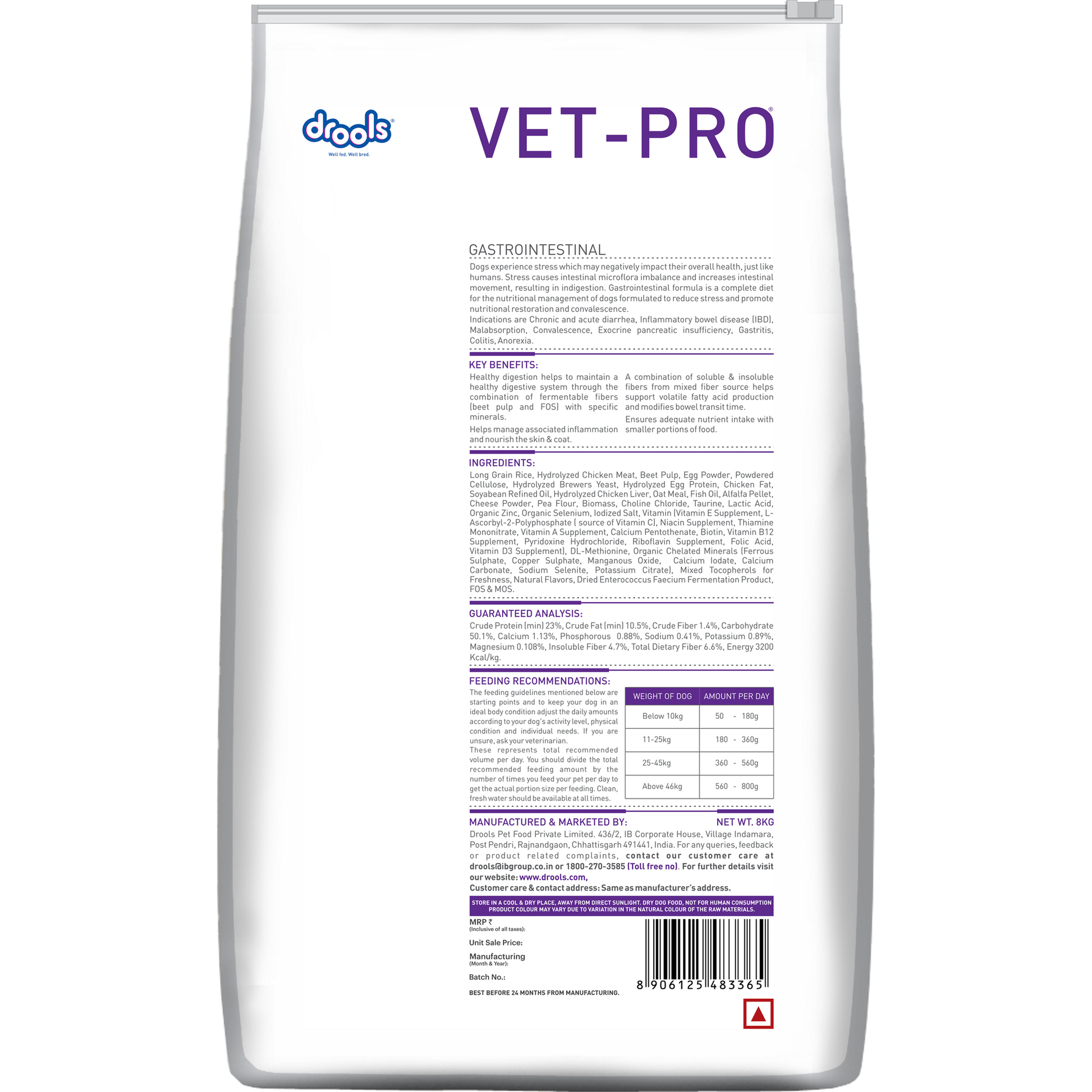 VET-PRO Gastrointestinal Dry Dog Food 8kg – back of pack
