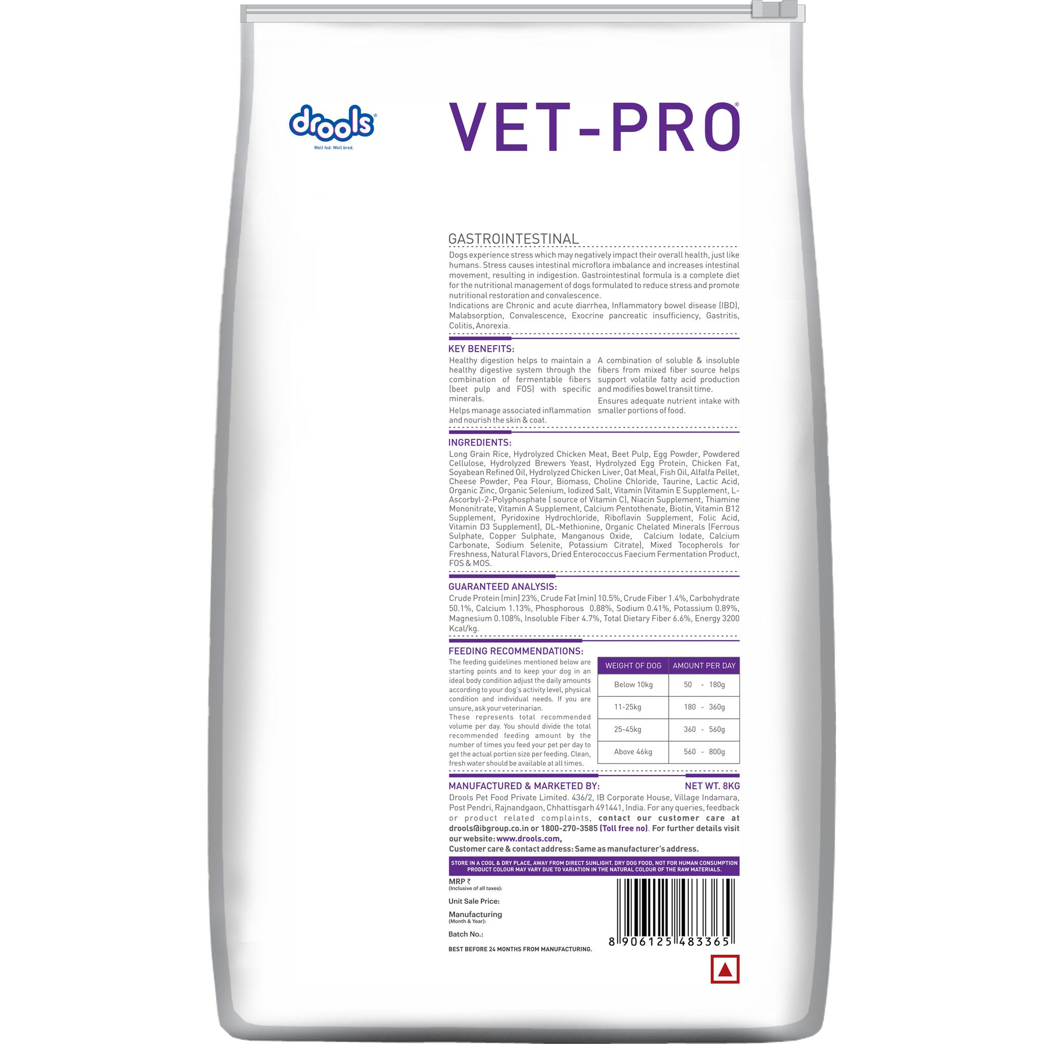 VET-PRO Gastrointestinal Dry Dog Food 8kg – back of pack