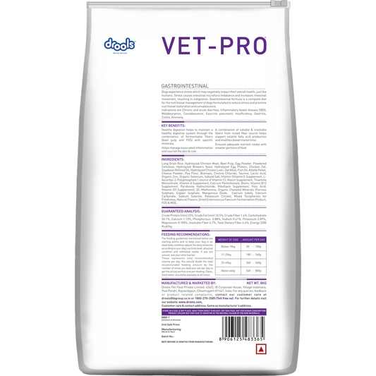 VET-PRO Gastrointestinal Dry Dog Food 8kg – back of pack