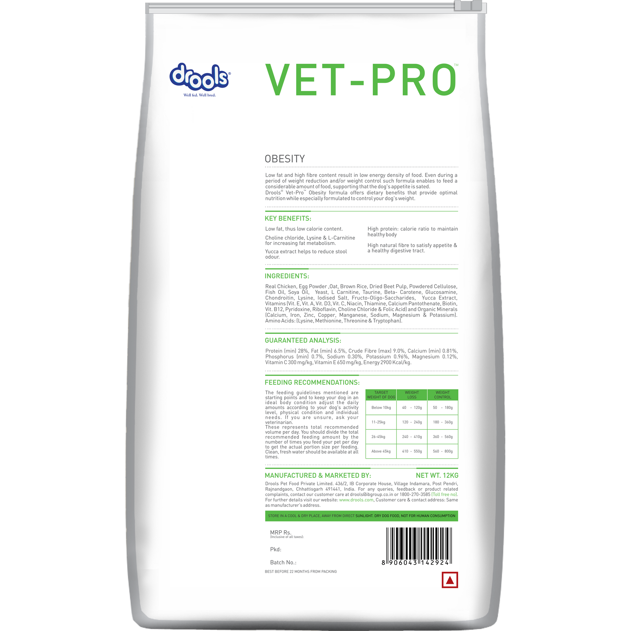 VET-PRO Obesity Dry Dog Food 12kg – back of pack