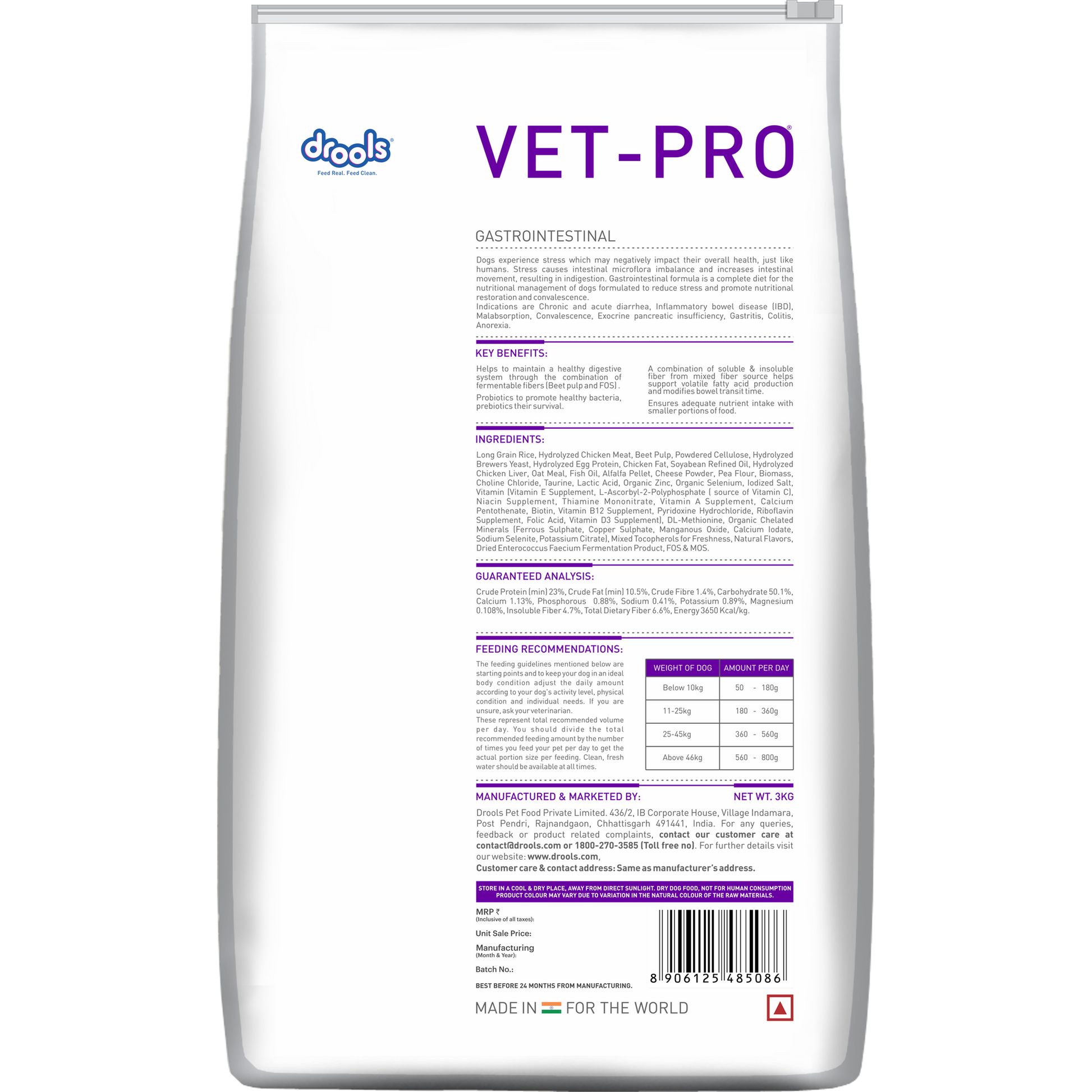 VET-PRO Gastrointestinal Dry Dog Food 3kg – back of pack