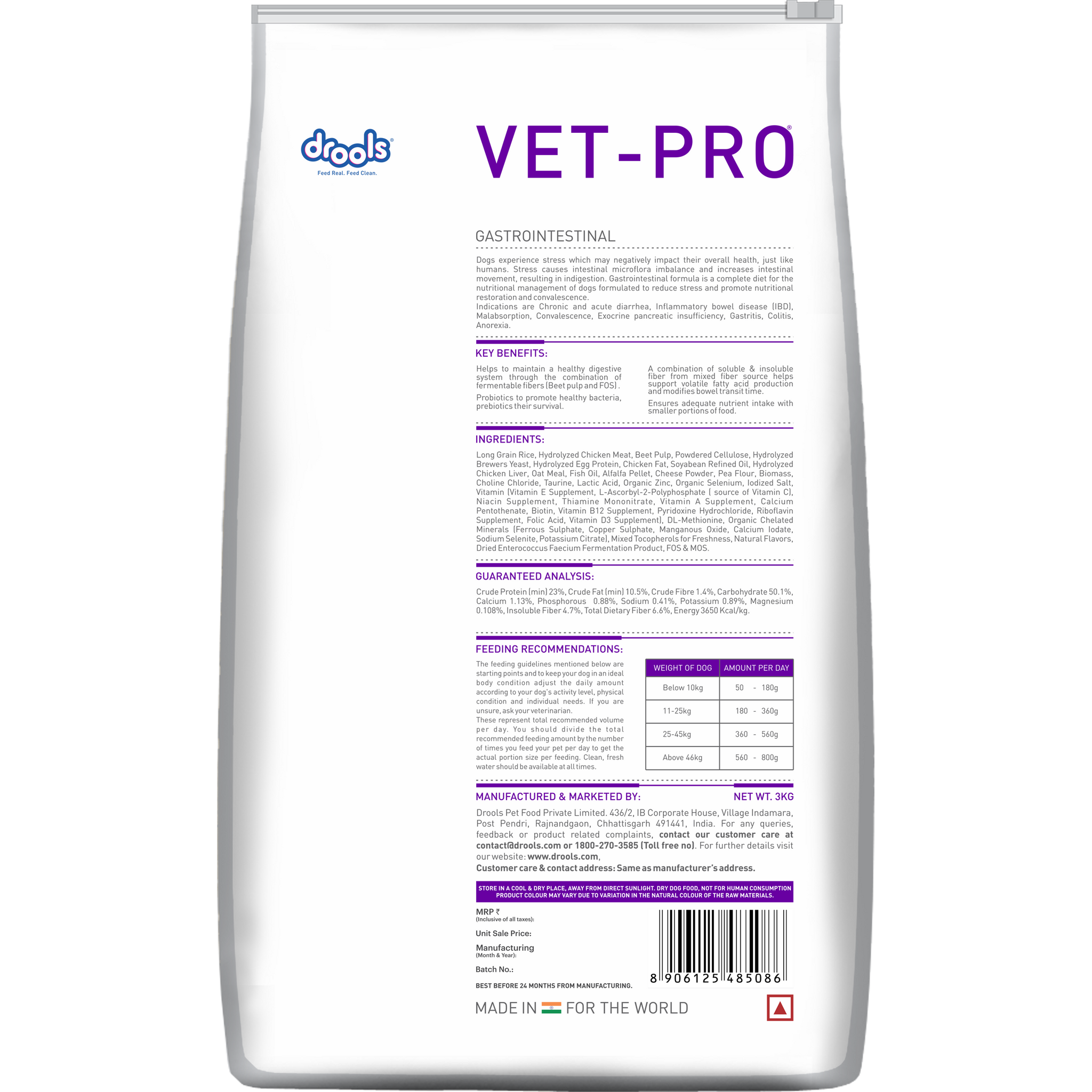 VET-PRO Gastrointestinal Dry Dog Food 3kg – back of pack