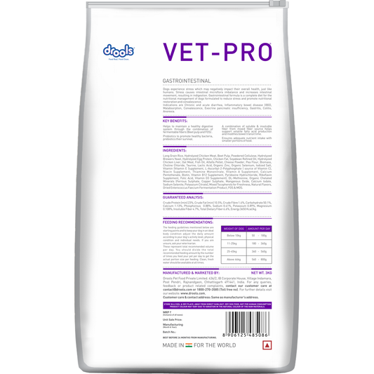 VET-PRO Gastrointestinal Dry Dog Food 3kg – back of pack