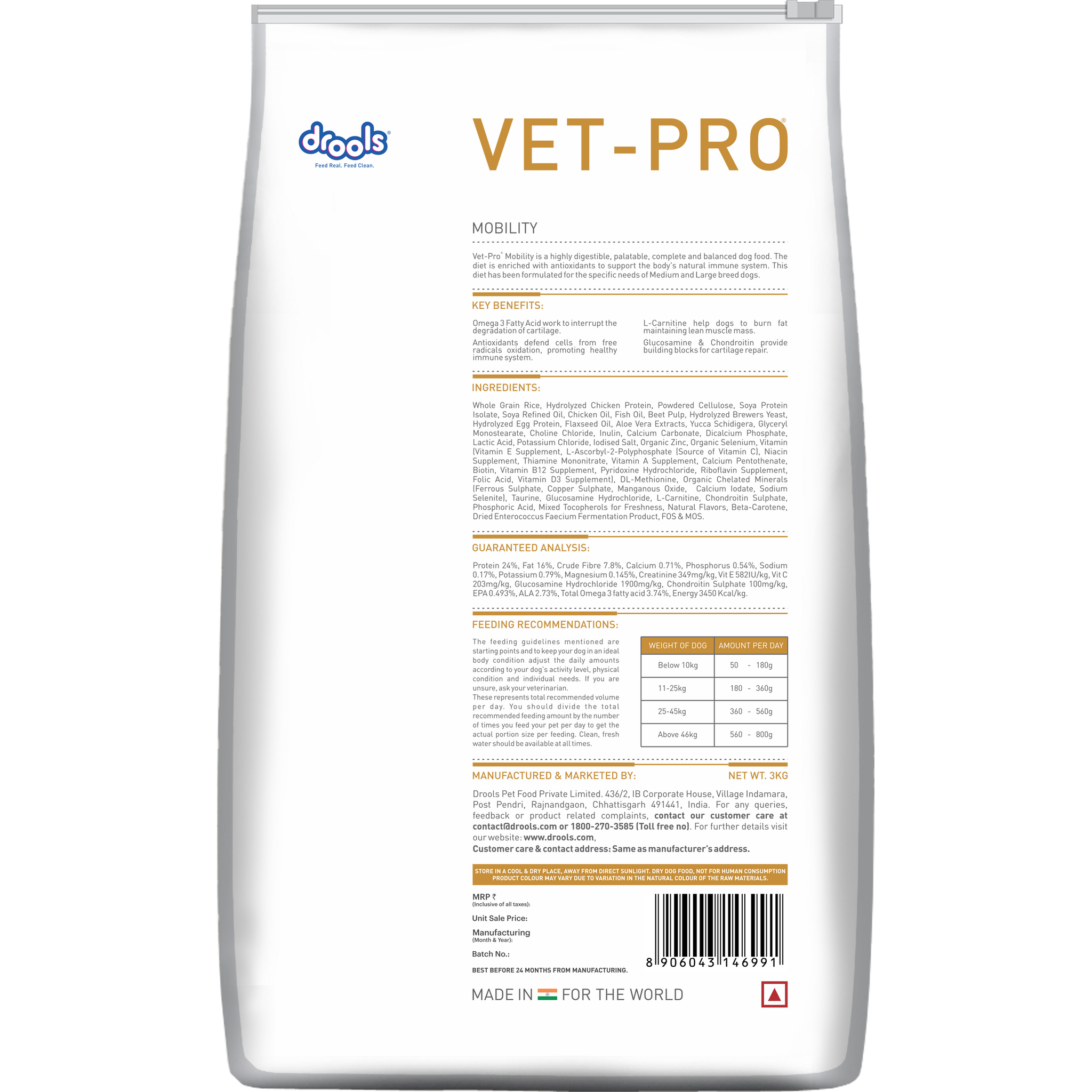 VET-PRO Mobility Dry Dog Food 3kg – back of pack
