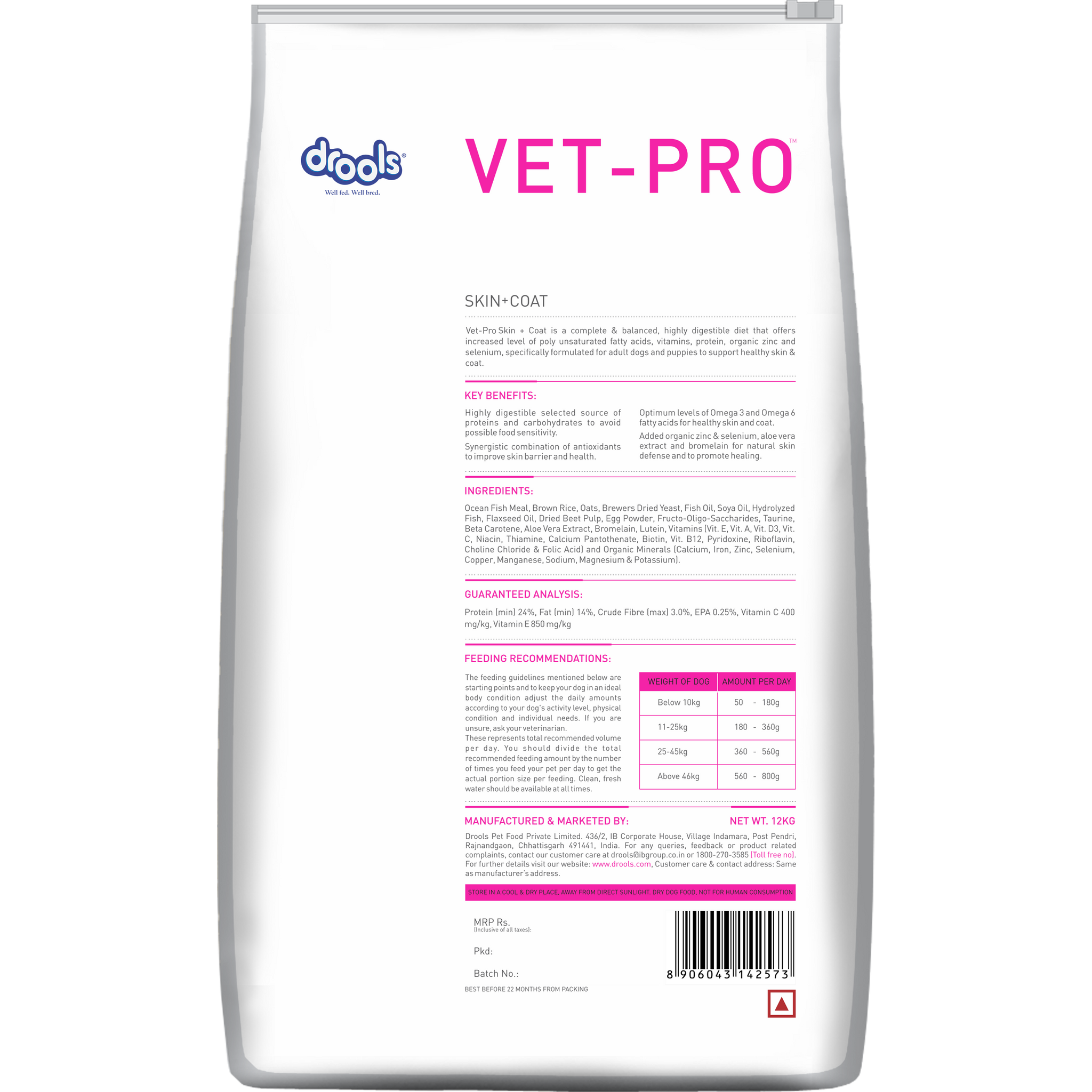 VET-PRO Skin & Coat Dry Dog Food 12kg – back of pack