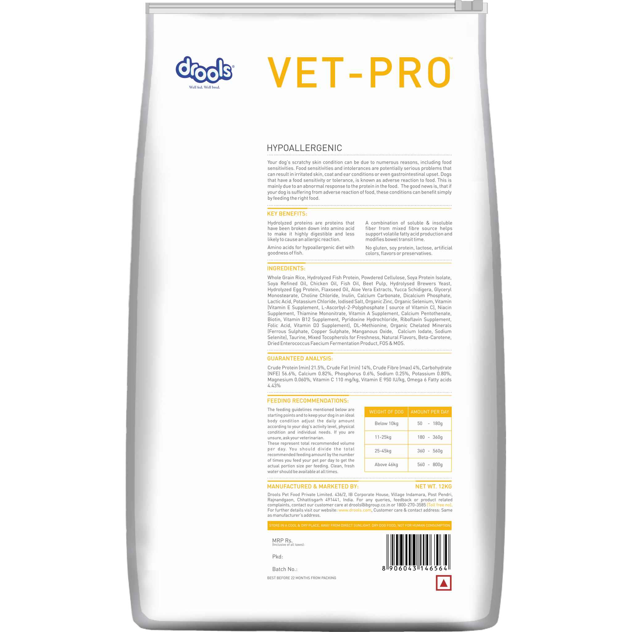 VET-PRO Hypoallergenic Dry Dog Food 12kg – back of pack