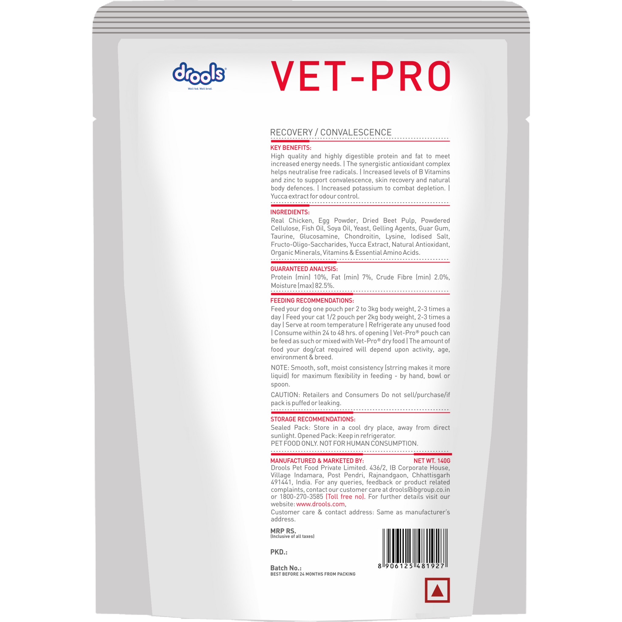 VET-PRO Recovery Gravy 140g pouch – back