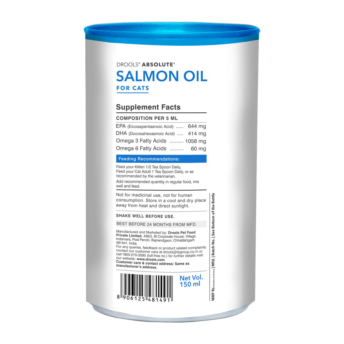 Drools Absolute Salmon Oil Syrup for Cats - 150 ml - back pack
