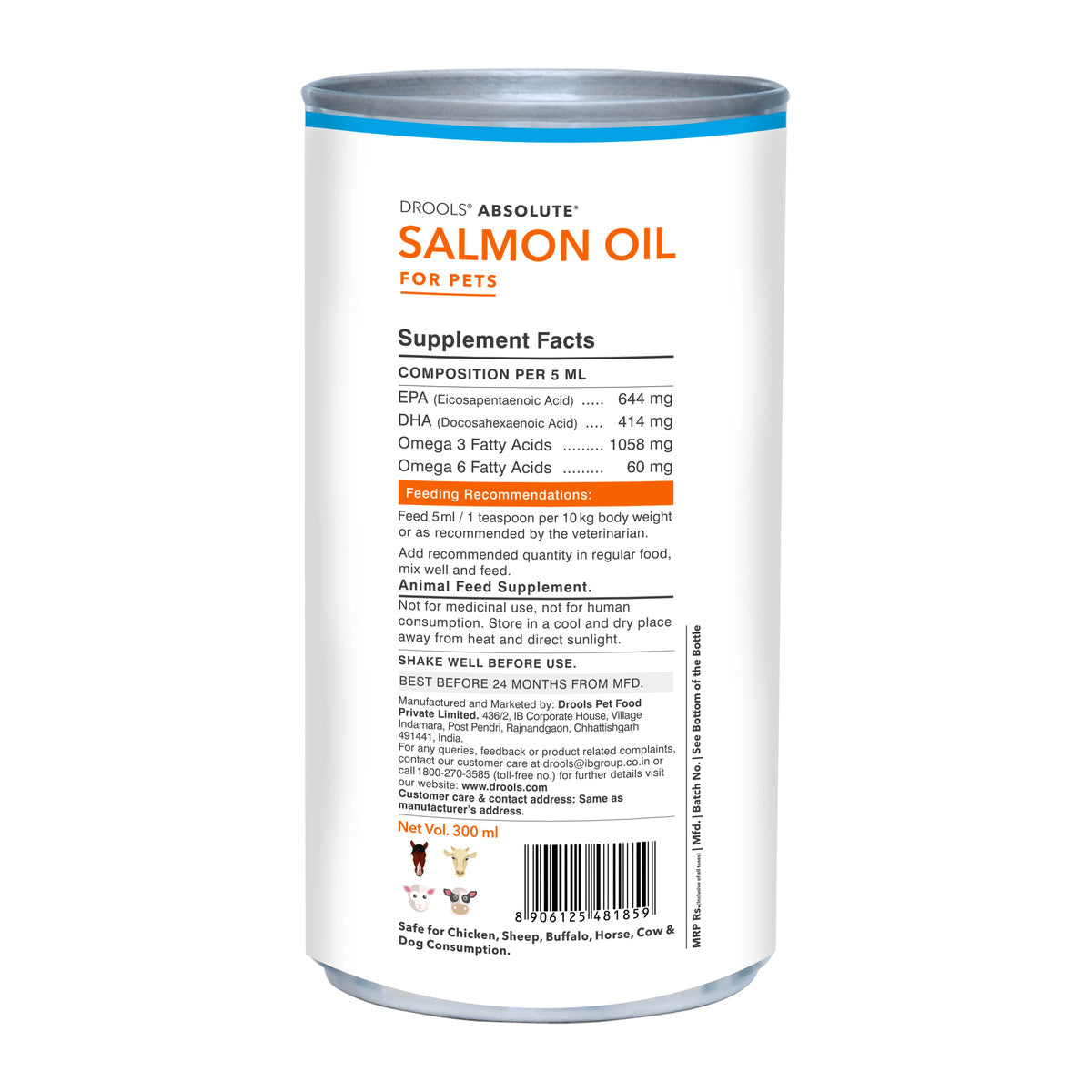 Drools Absolute Salmon Oil Syrup - 300 ml - back pack