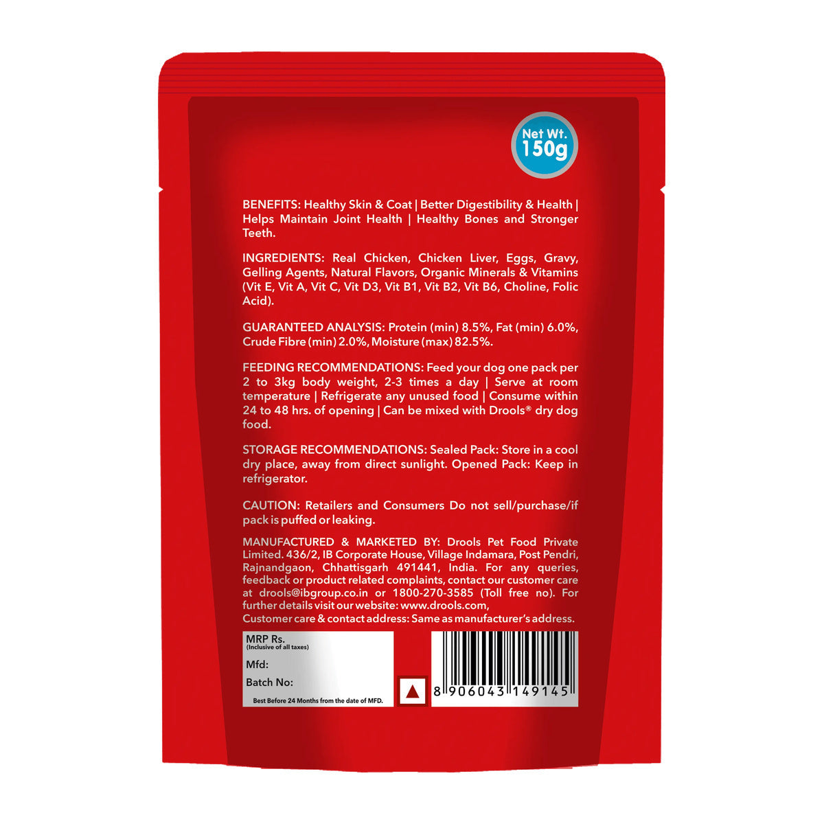 Drools Adult Wet Dog Food - Real Chicken & Chicken Liver in Gravy, 150 g - back pack