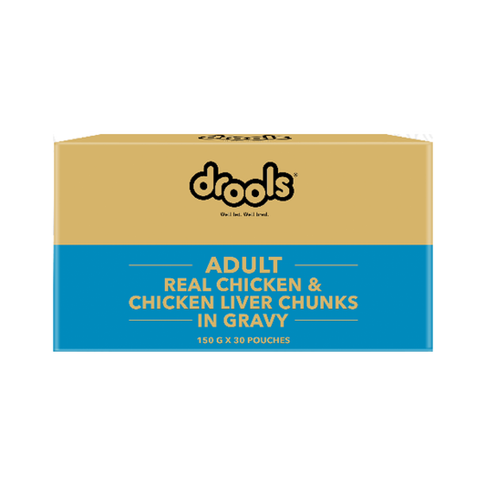 Drools Adult Real Chicken & Chicken Liver Chunks in Gravy – 150 g x 30 pouches box