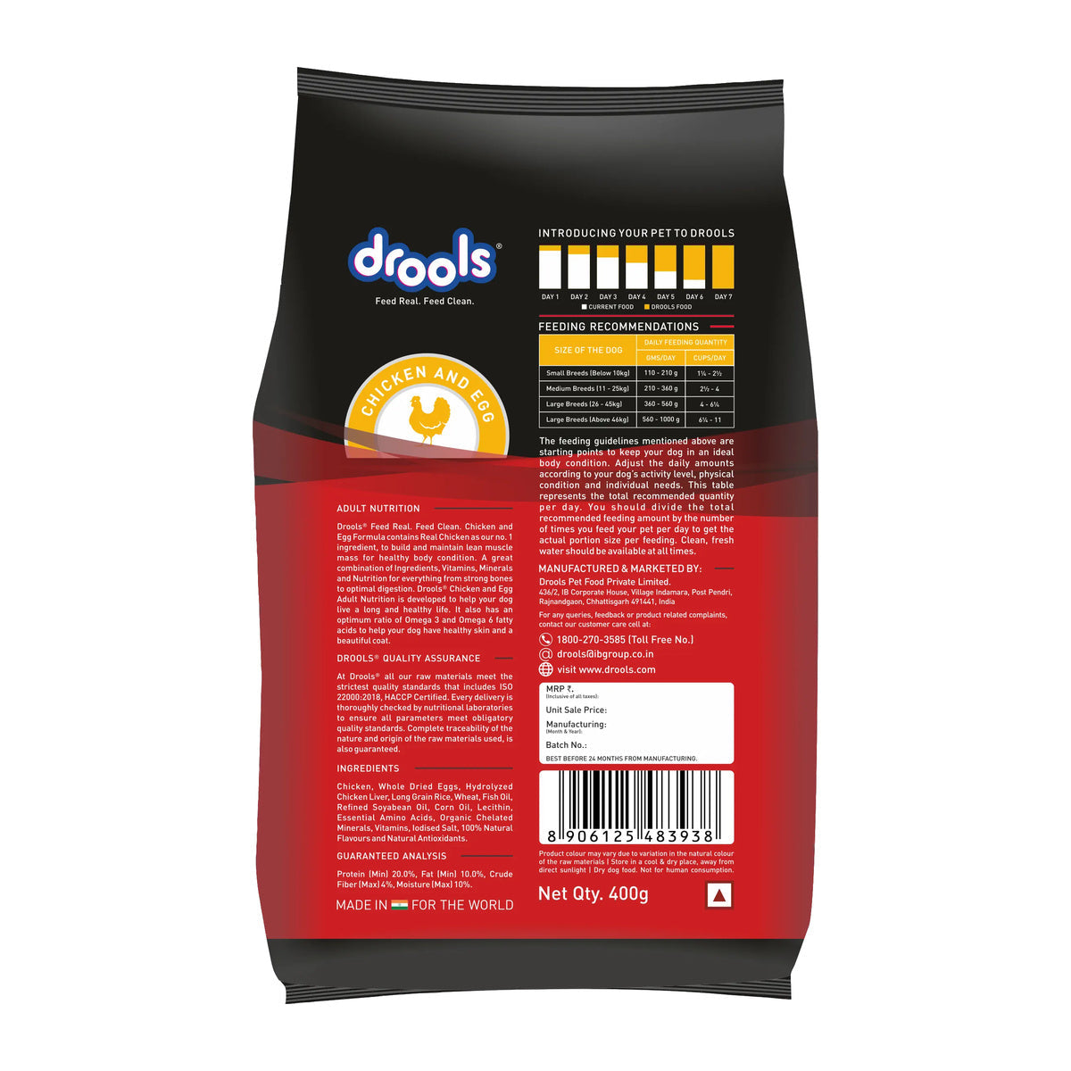 Drools Chicken and Egg Adult Dog Food - 400g - back pack