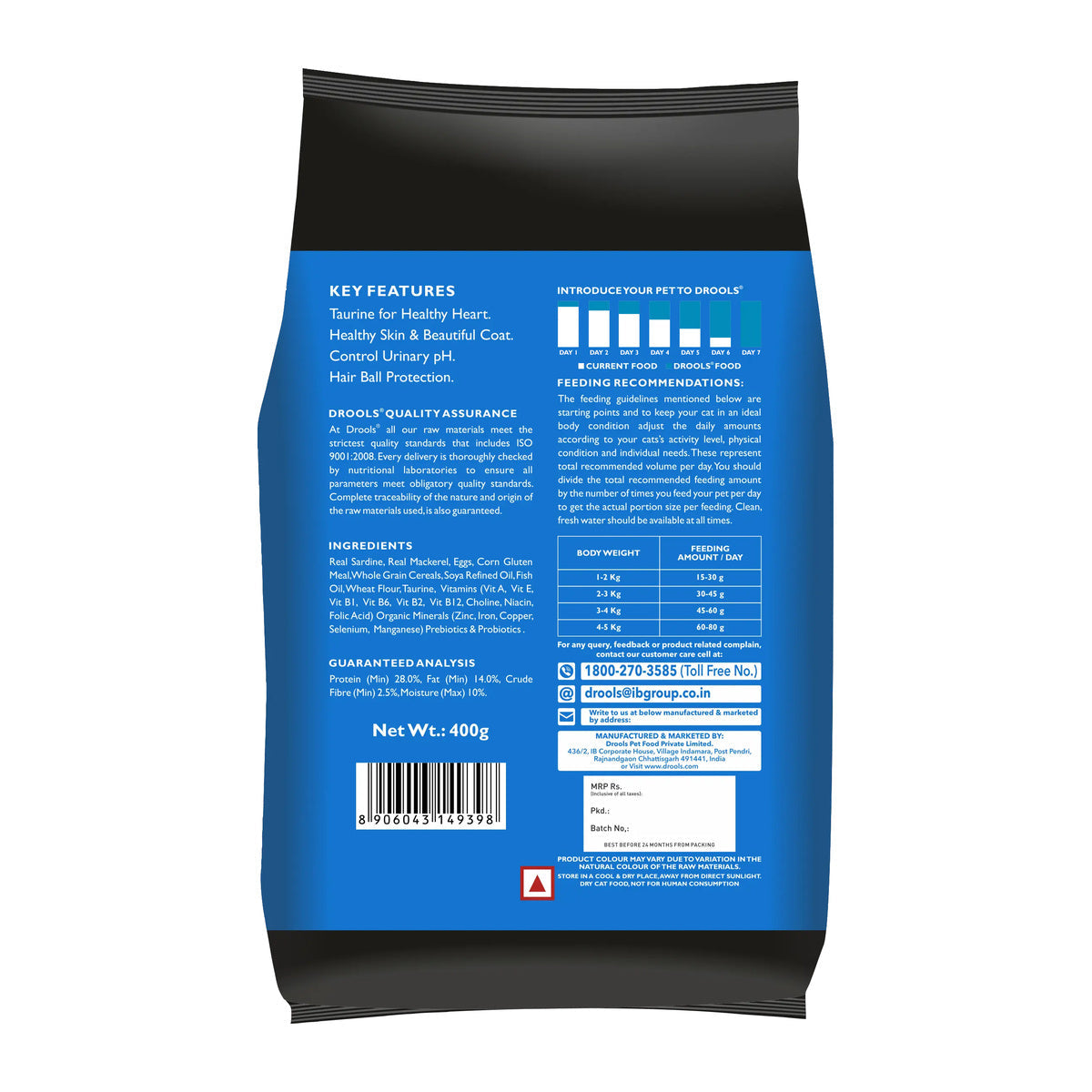 Drools Ocean Fish Adult Cat Food - 400 g - back pack