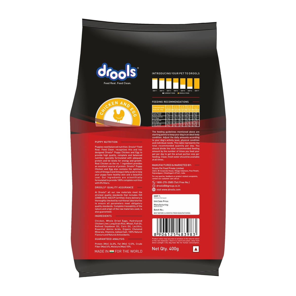 Drools Puppy Chicken and Egg Dog Food 400g - back pack