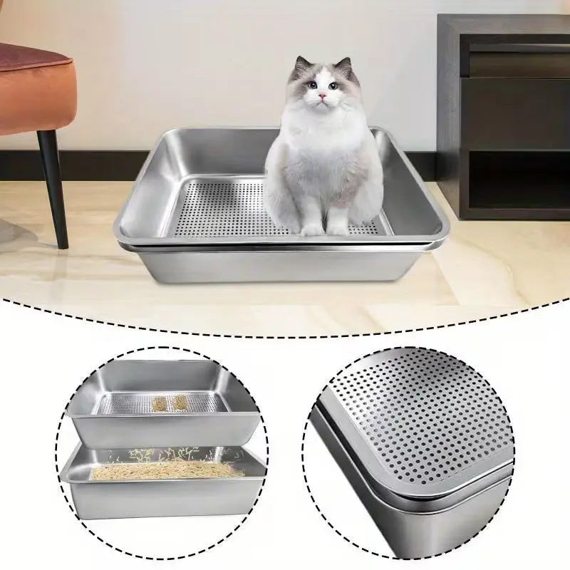 2-Piece Stainless Steel Sifter Litter Box - Base Pan + Sifter Pan (60×40×20 cm)