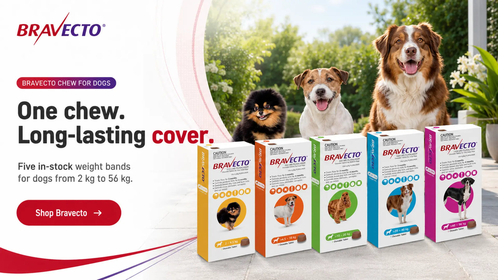 Bravecto dog chewables in five currently in-stock weight bands from 2–4.5 kg through 40–56 kg at MyPets.lk.
