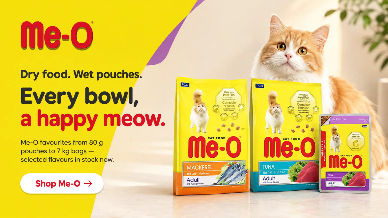 Me-O dry and wet cat food featuring currently in-stock Mackerel 1.2 kg, Tuna 1.2 kg and Tuna Wet Food 80 g. Shop Me-O at MyPets.lk.