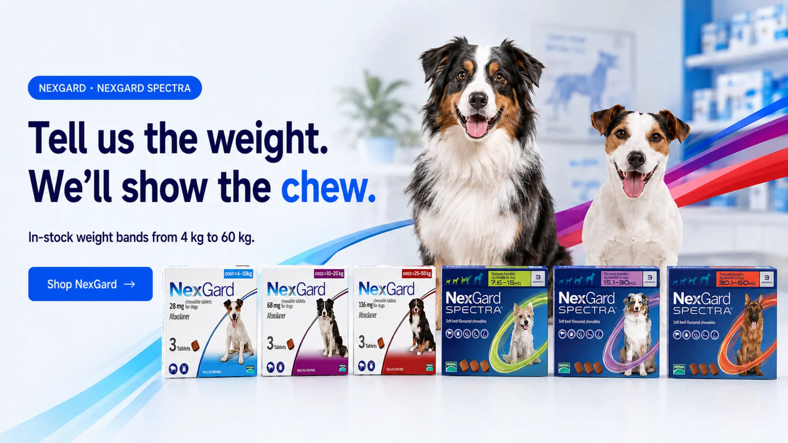 NexGard 4–10 kg, 10–25 kg and 25–50 kg plus NexGard Spectra 7.5–15 kg, 15–30 kg and 30–60 kg, all currently in stock at MyPets.lk.