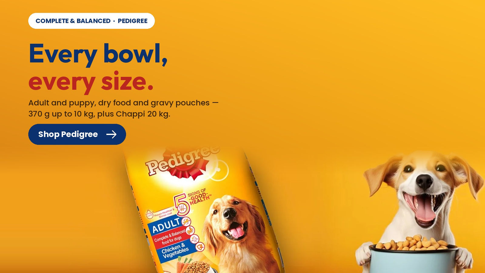 Pedigree complete and balanced dog food for adult dogs and puppies — dry food and gravy pouches from 370 g to 10 kg at MYPETS.LK.