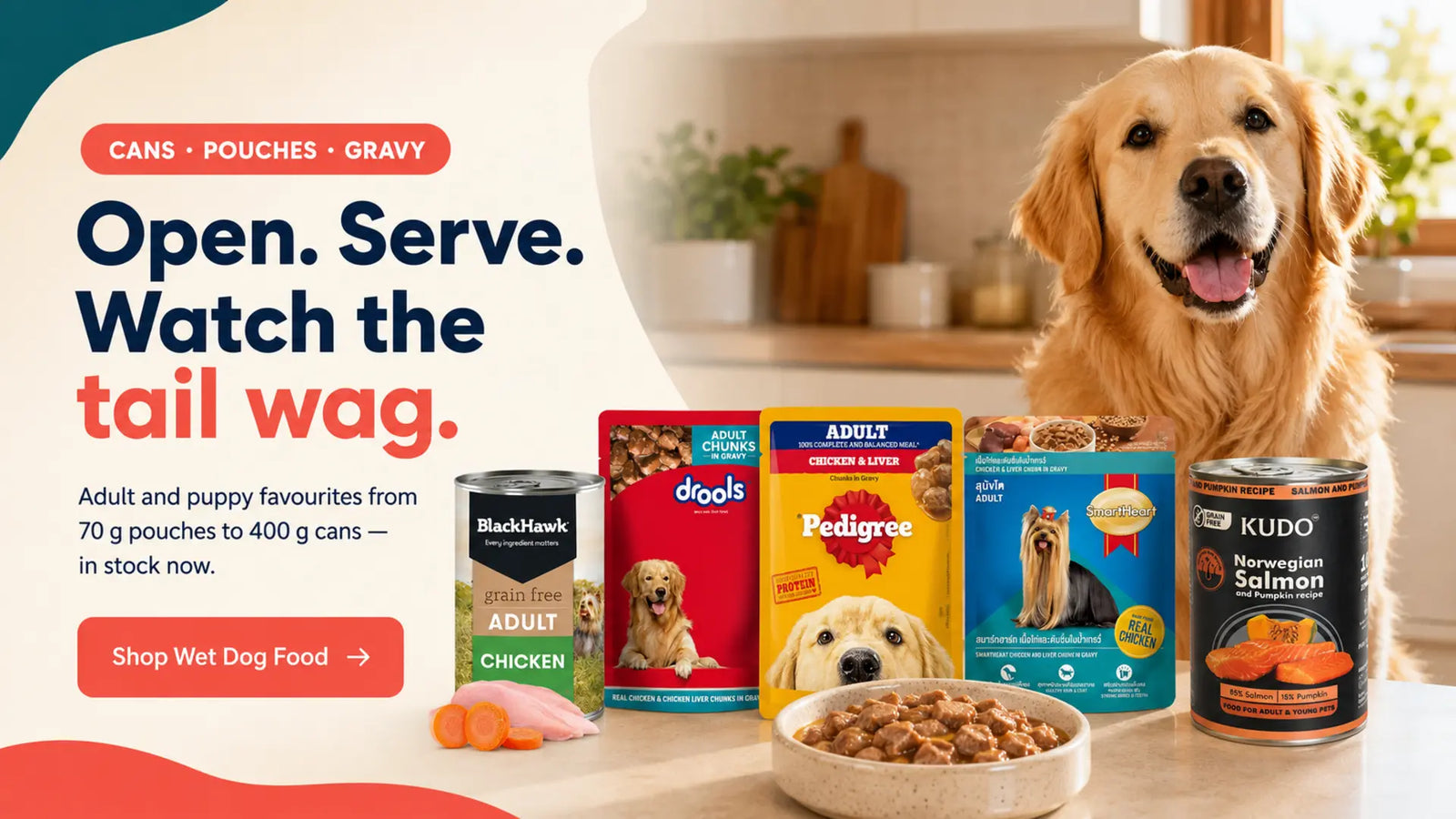 Wet dog food in stock at MyPets.lk, featuring BlackHawk, Drools, Pedigree, SmartHeart and KUDO cans and gravy pouches for adult dogs and puppies.