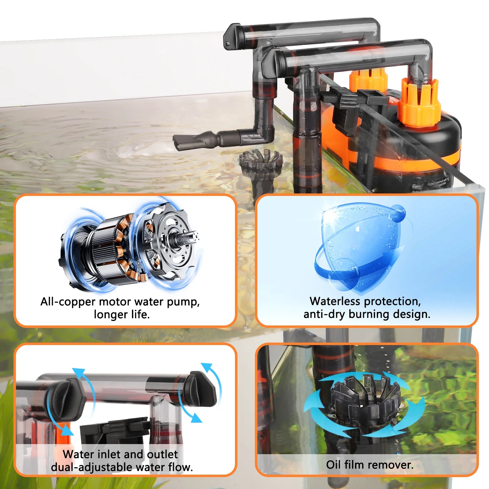 Hygger HG108 motor protection, adjustable flow and surface skimmer