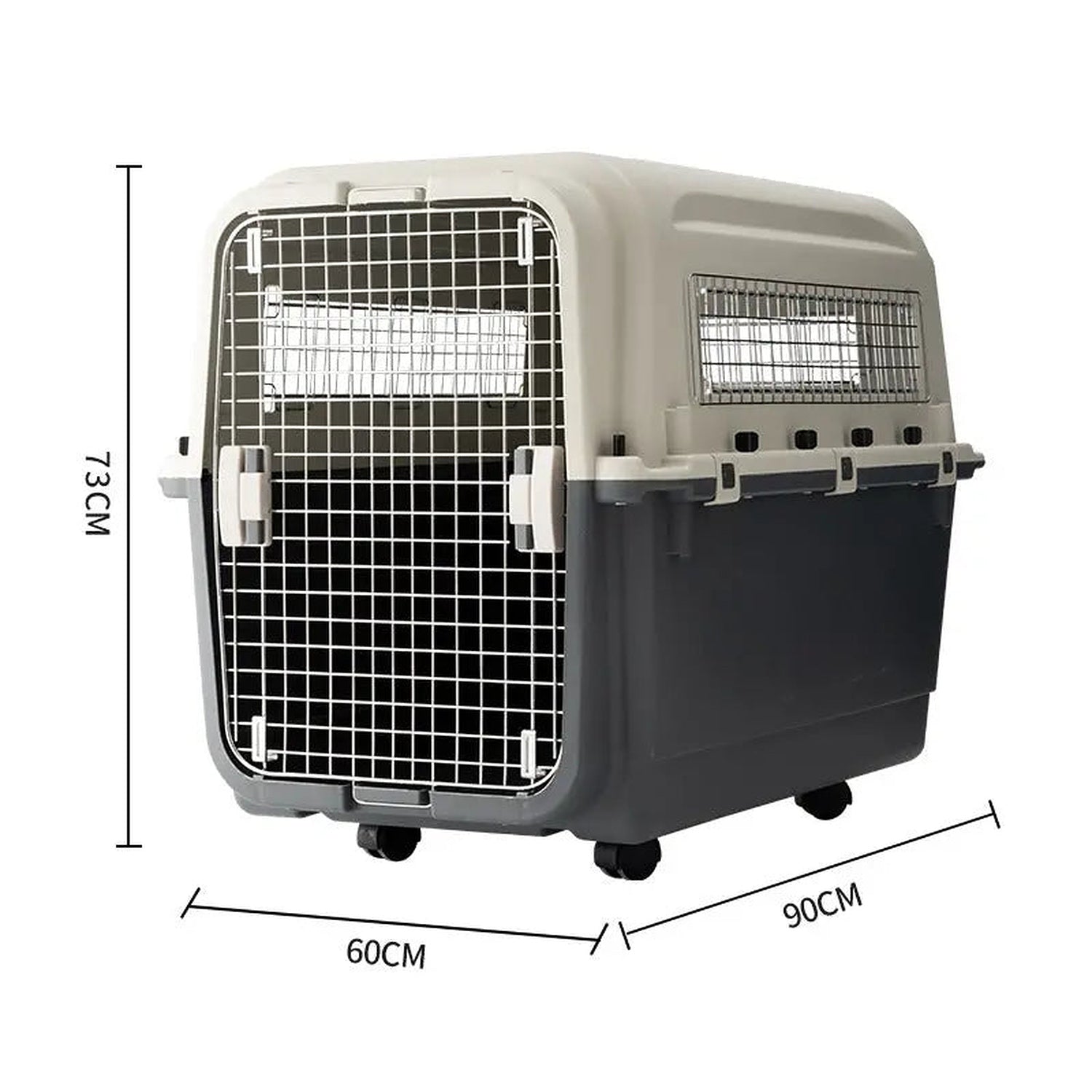 IATA Pet Transporter Large, grey and black wheeled hard-shell pet carrier with metal door, 90 × 60 × 73 cm