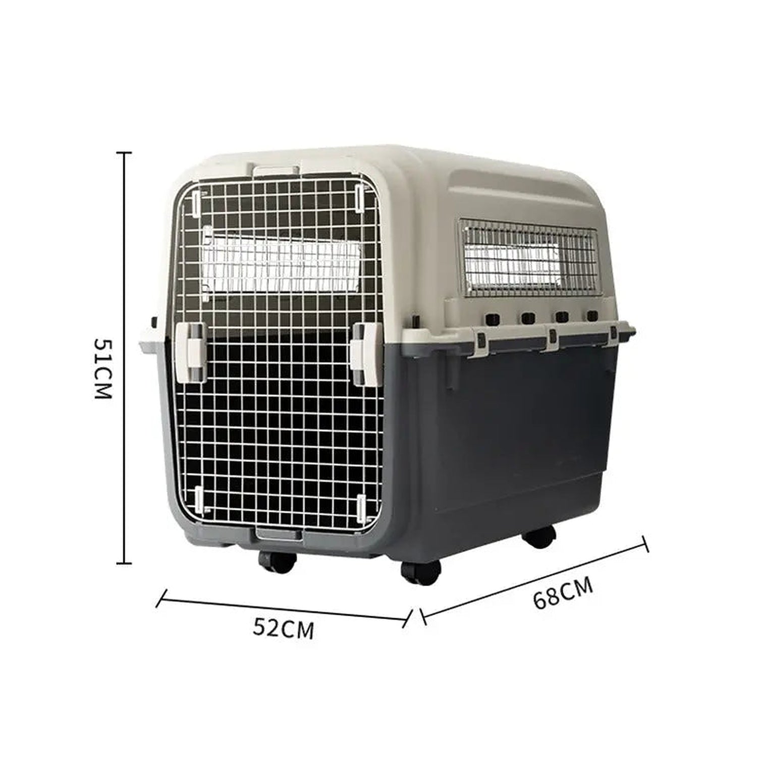 IATA Pet Transporter Medium, grey and black wheeled hard-shell pet carrier with metal door, 68 × 52 × 51 cm