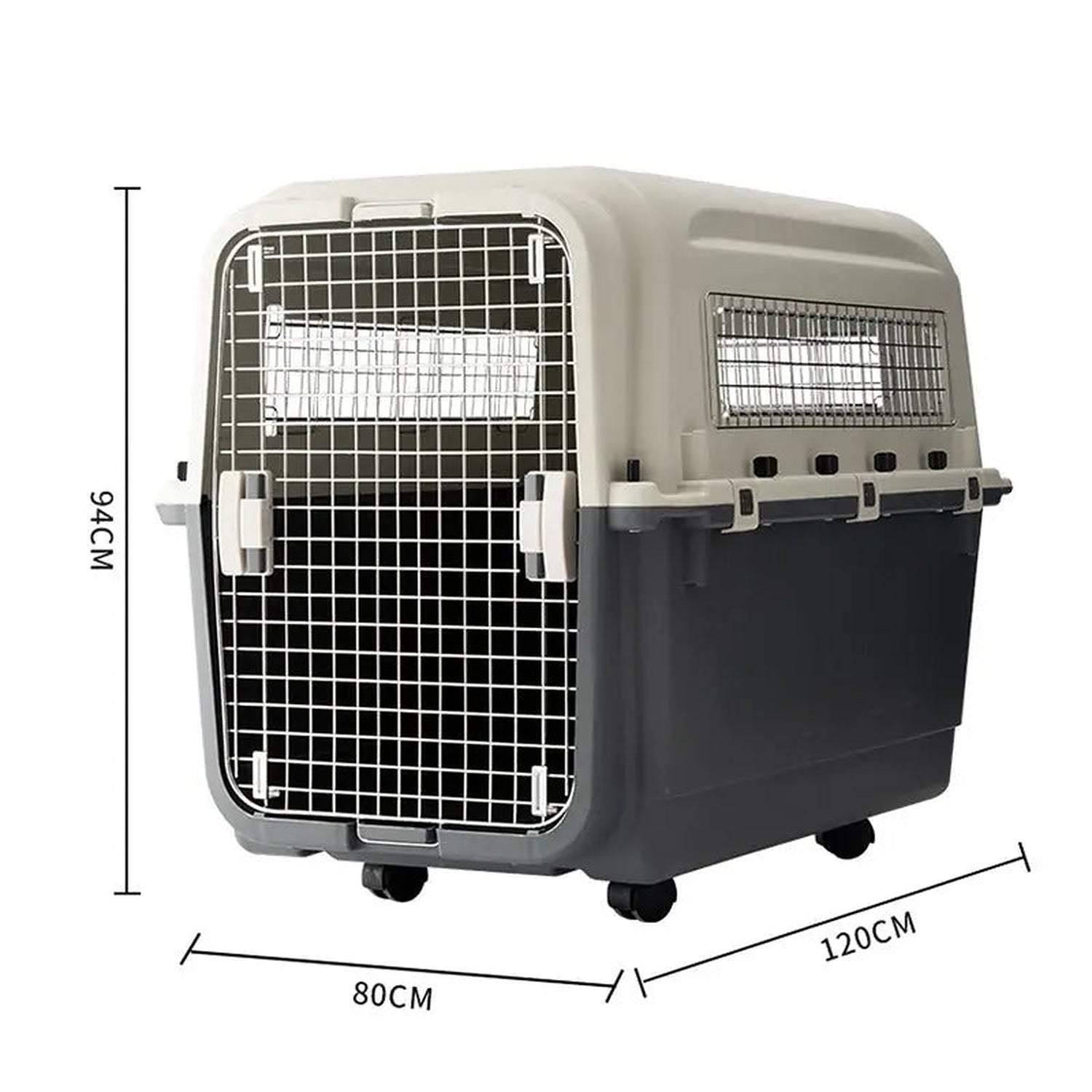 IATA Pet Transporter XX Large, grey and black wheeled hard-shell pet carrier with metal door, 120 × 80 × 94 cm